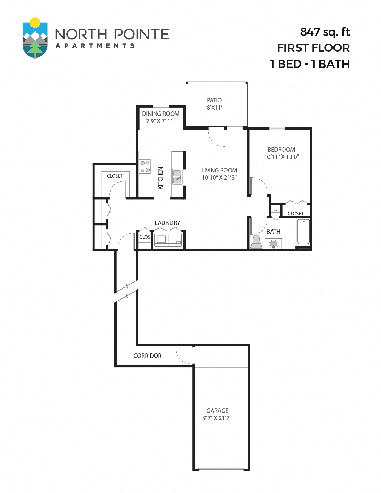 Floor plan for 1 bed, 1 bath, 847 sqft